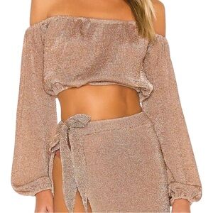 Lovers + Friends Nayelli Metallic Knit Off The Shoulder Long Sleeve Crop Top S